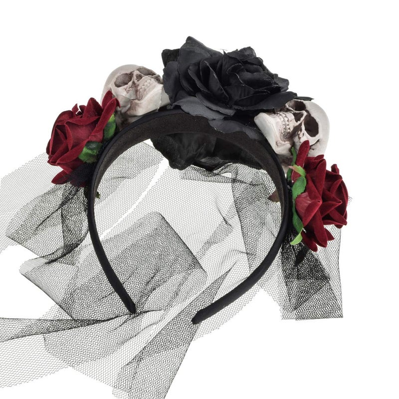 Vividsun Day of The Dead Headband Costume Rose Mexican Flower Headband (black skull) - Image 2